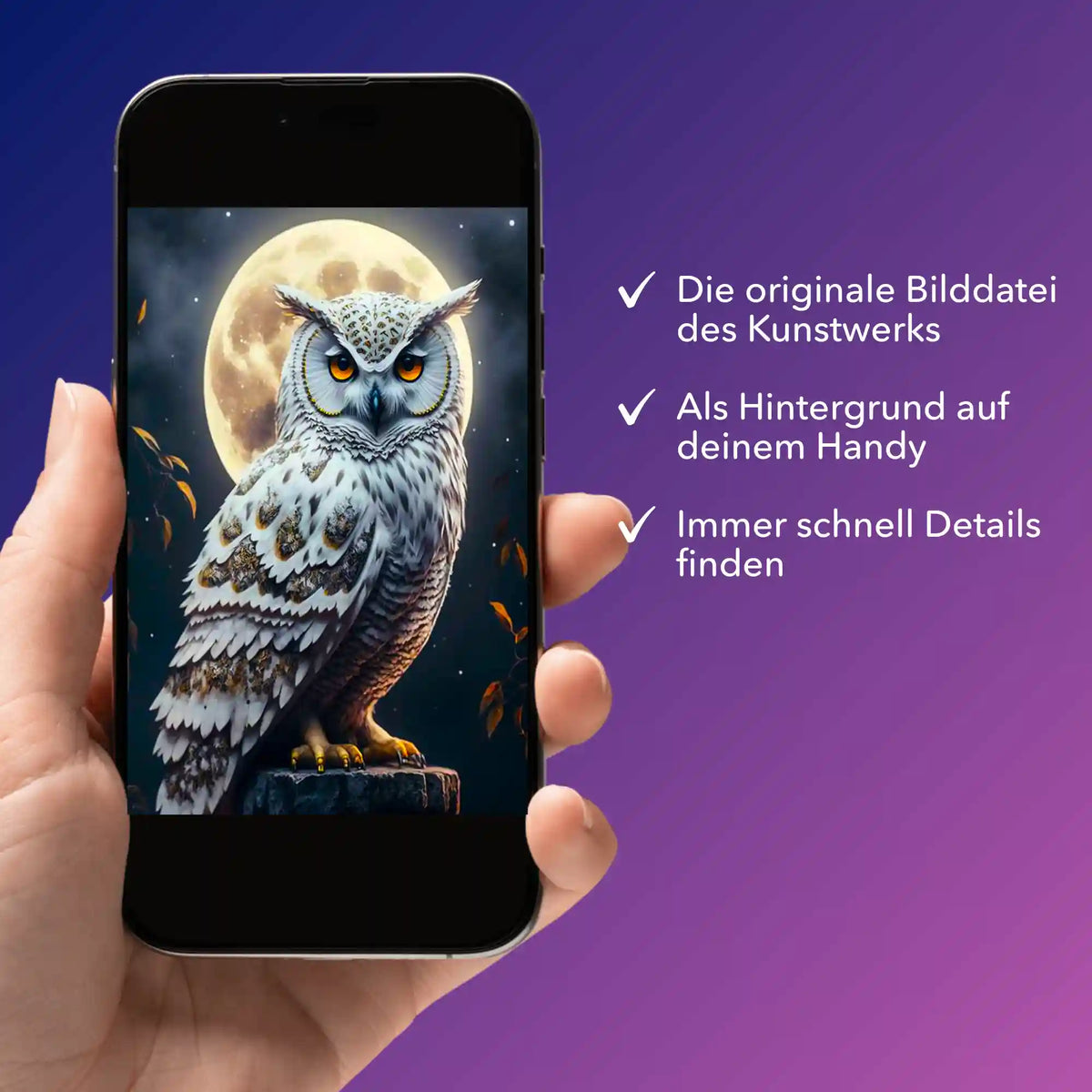 Digitale Bildmappe zum Diamond Painting: Eulen-Motiv im Mondschein als Handy-Hintergrund für kreative Bastelfans
