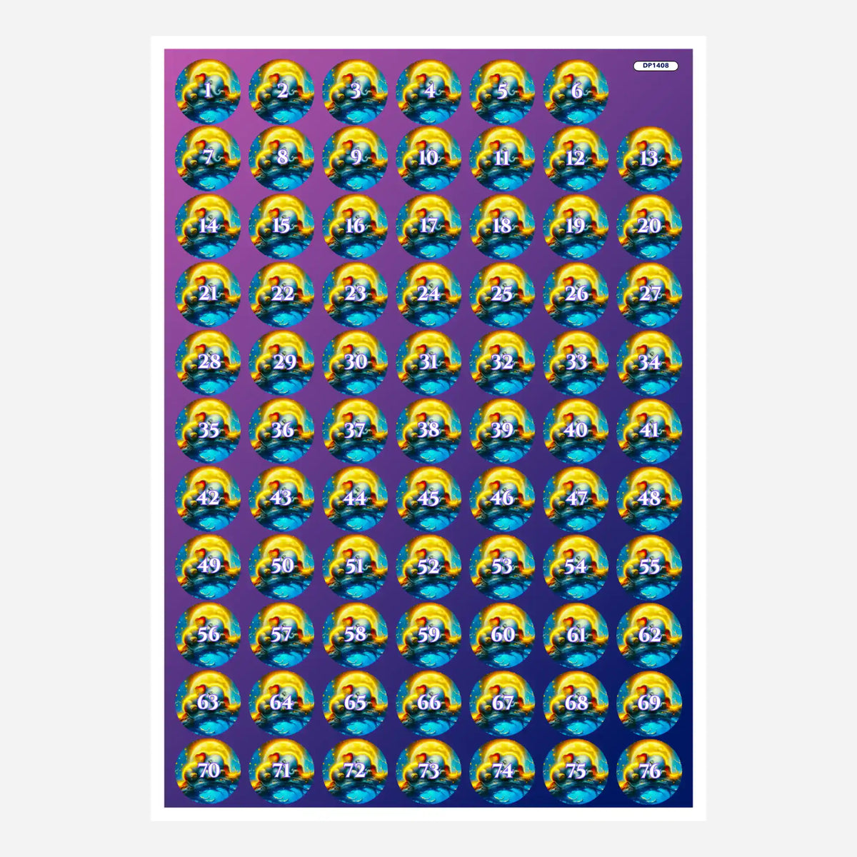 Bogen mit runden Döschenaufklebern für Diamond Painting mit Mondschein Elefant Motiv und Nummern von 1 bis 76.