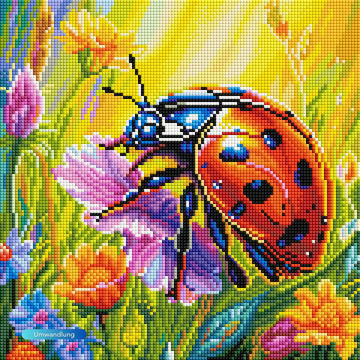 Diamond Painting Set eines Marienkäfers auf einer bunten Blumenwiese mit glitzernden Steinen und lebendigen Farben.