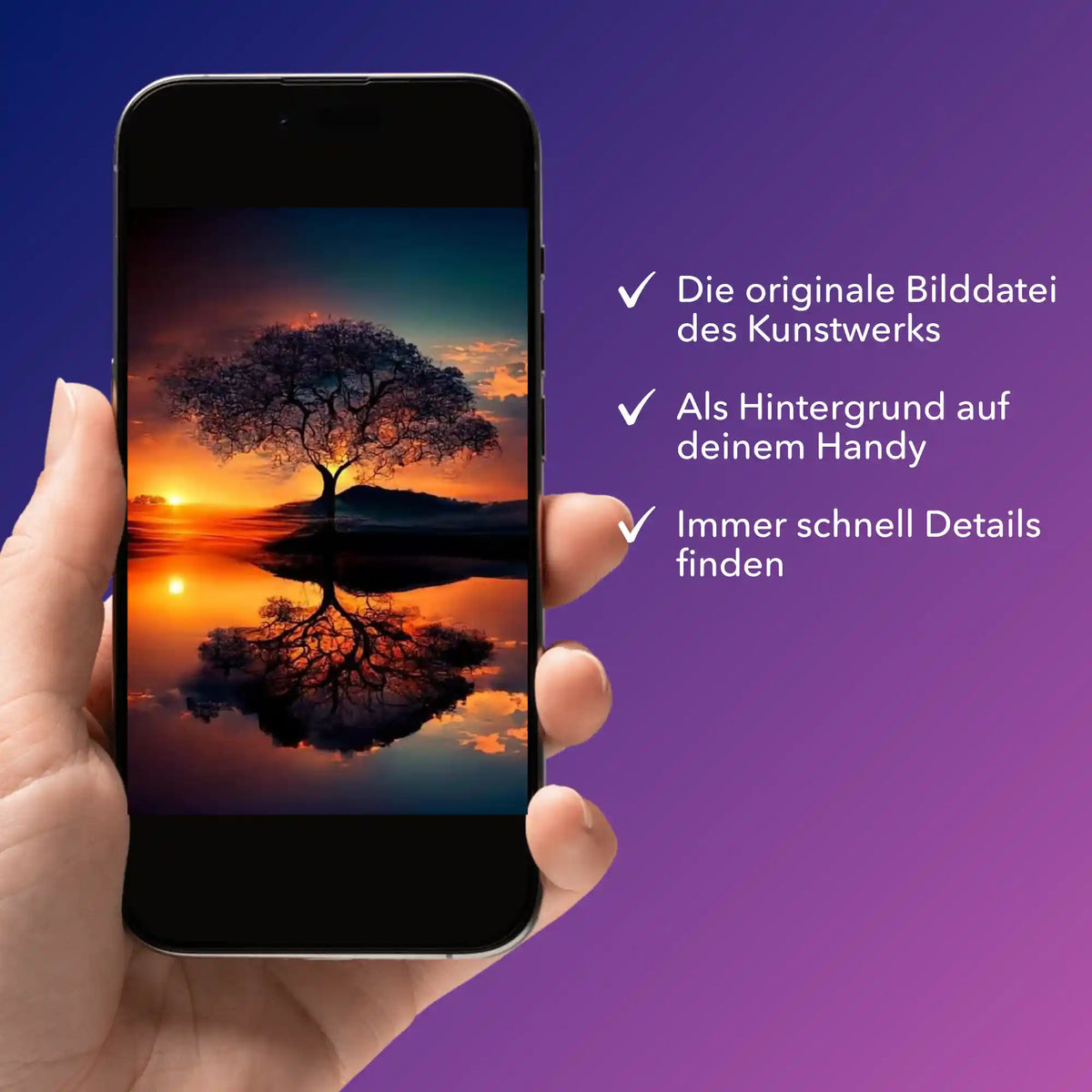 Digitale Picmondoo Bildmappe mit Motiv Baum im Sonnenuntergang für Diamond Painting und kreative DIY-Projekte am Handy