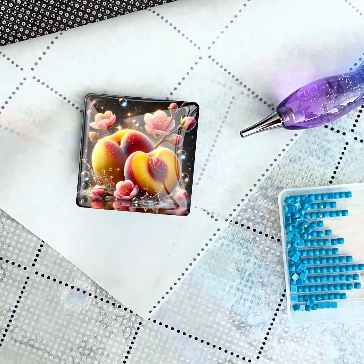 Magischer Pfirsich-Coverminder auf Diamond Painting Leinwand mit Glitzersteinchen und Stift für DIY-Bastelsets