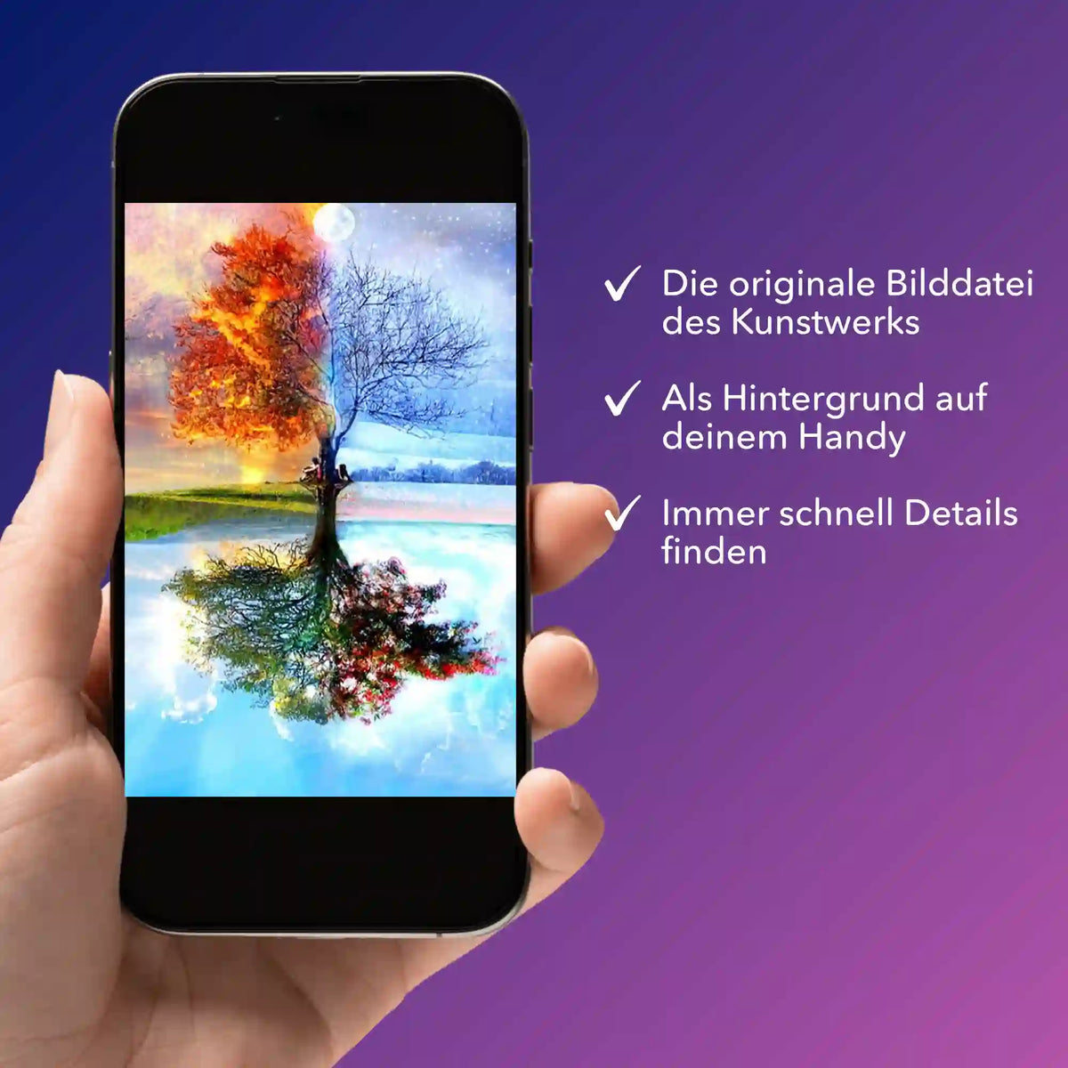Digitale Bildmappe für Diamond Painting als Smartphone-Display mit dem Motiv Baum der 4 Jahreszeiten für Kreative