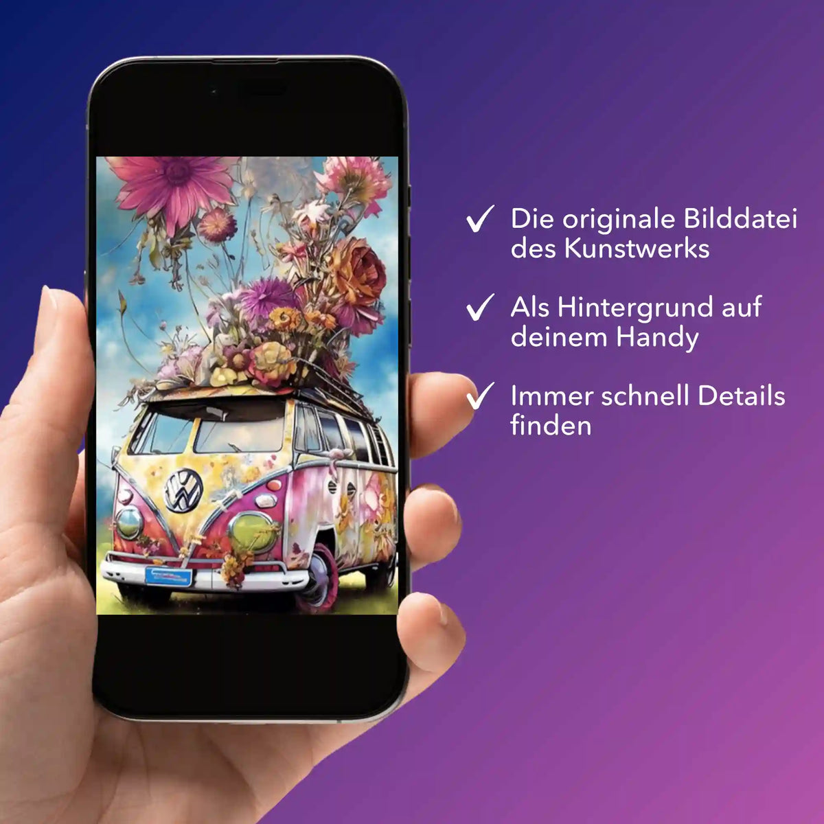 Digitale Bildmappe zum Diamond Painting Motiv Flower Power Bully auf einem Smartphone mit detailliertem Blumen-Bulli.