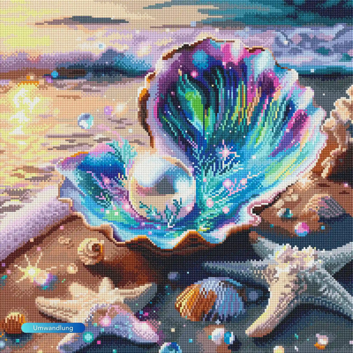 Diamond Painting Set Innerer Schatz: Bunte Muschel mit glänzender Perle am Meeresstrand für kreative DIY-Kunst.