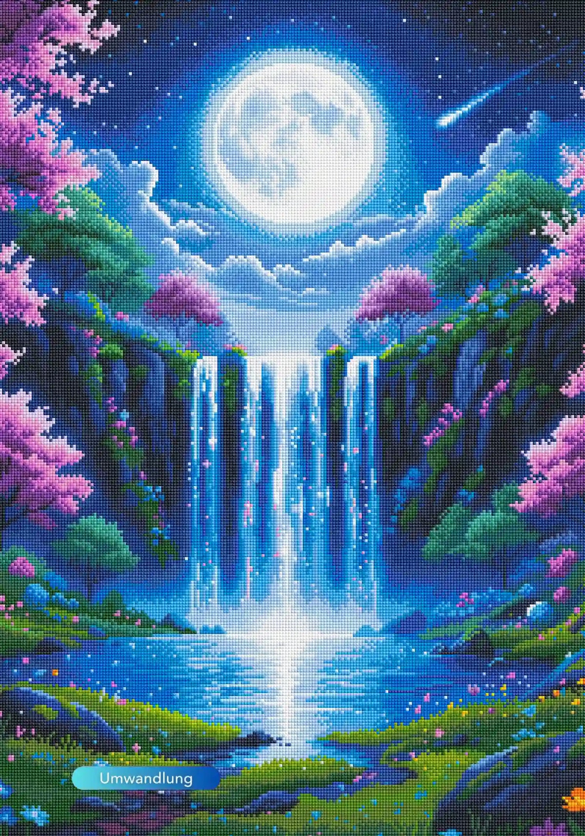 Diamond Painting Set Tal der flüsternden Wasser mit magischem Wasserfall, Vollmond und Blumen in einer Nachtlandschaft