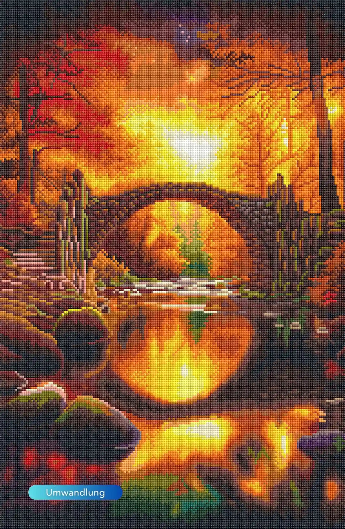 Diamond Painting Set mit Motiv einer Steinbrücke im goldenen Herbstwald bei Sonnenuntergang und Wasser-Reflexion
