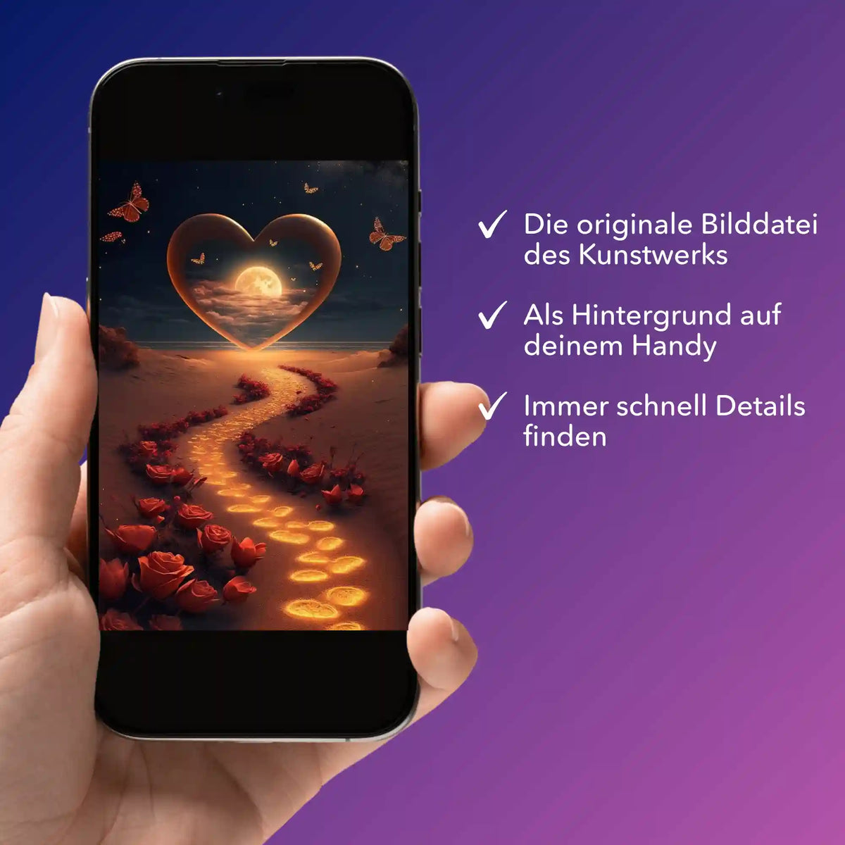 Digitale Bildmappe für Diamond Painting Motiv Weg der Liebe auf dem Smartphone zur Ansicht von Details