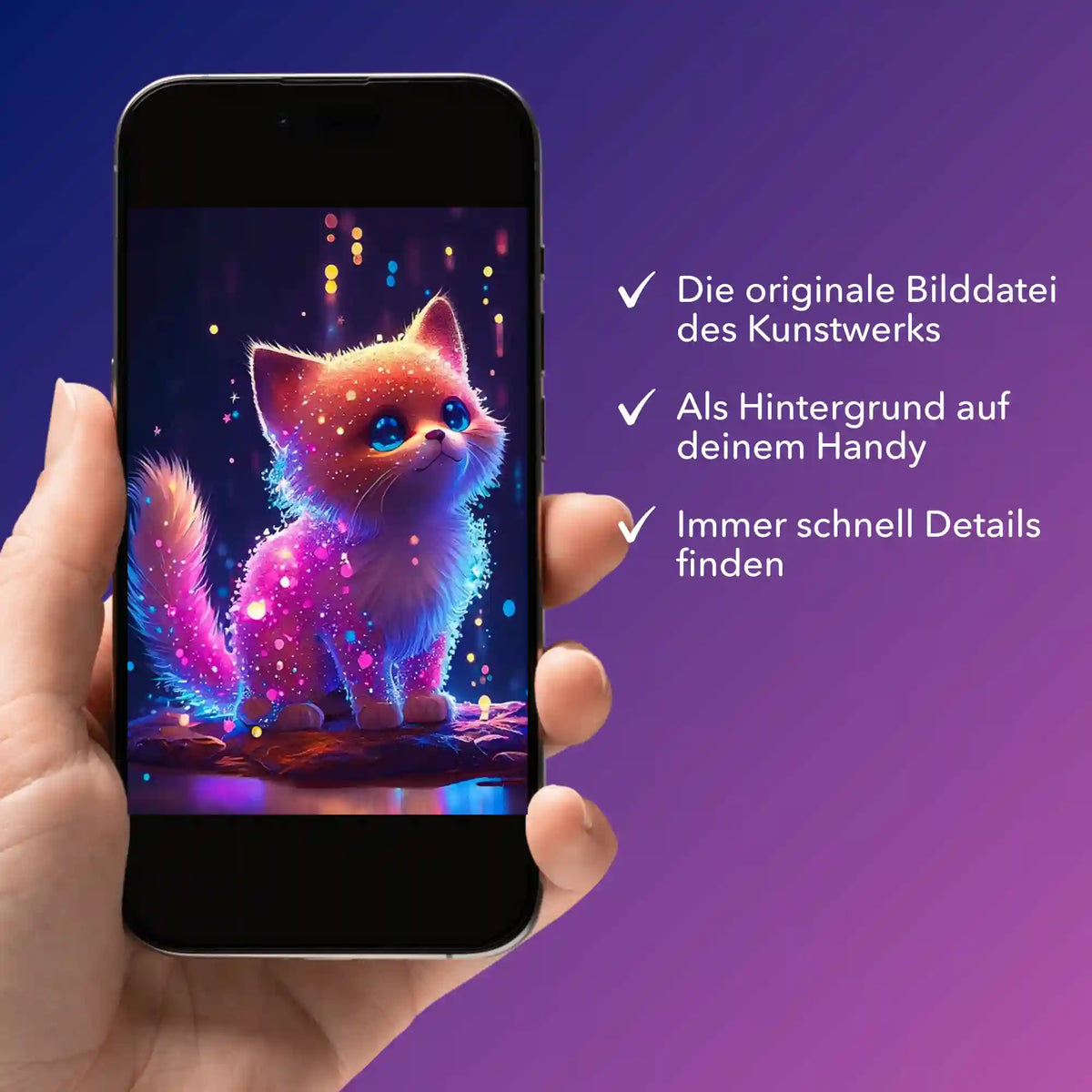 Digitale Bildmappe für Diamond Painting Motiv Zuckerkätzchen auf Smartphone-Display mit Details zum Download