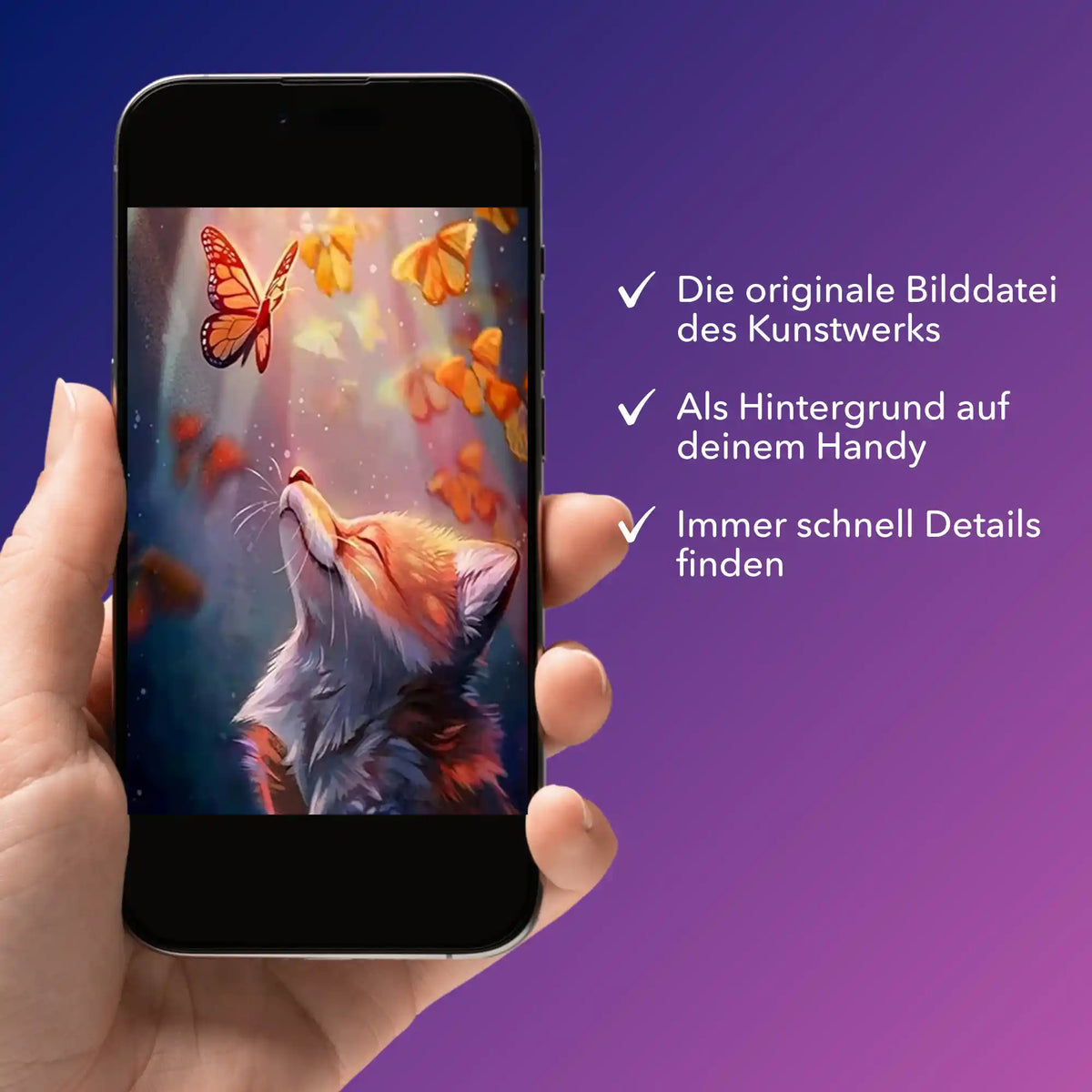 Digitale Bildmappe für Diamond Painting Motiv Fuchs und Schmetterlinge auf dem Smartphone mit Übersicht der Vorlage