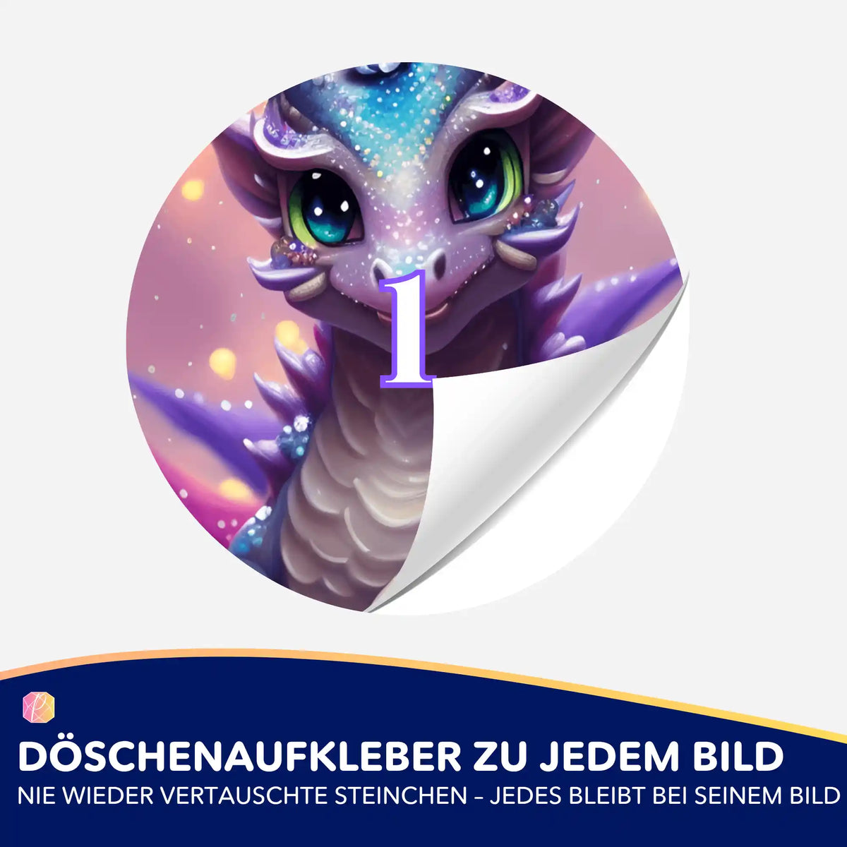 Bunter Drachen-Döschenaufkleber mit Nummer 1 für Diamond Painting Zubehör zur Ordnung deiner Steinchen-Sets.