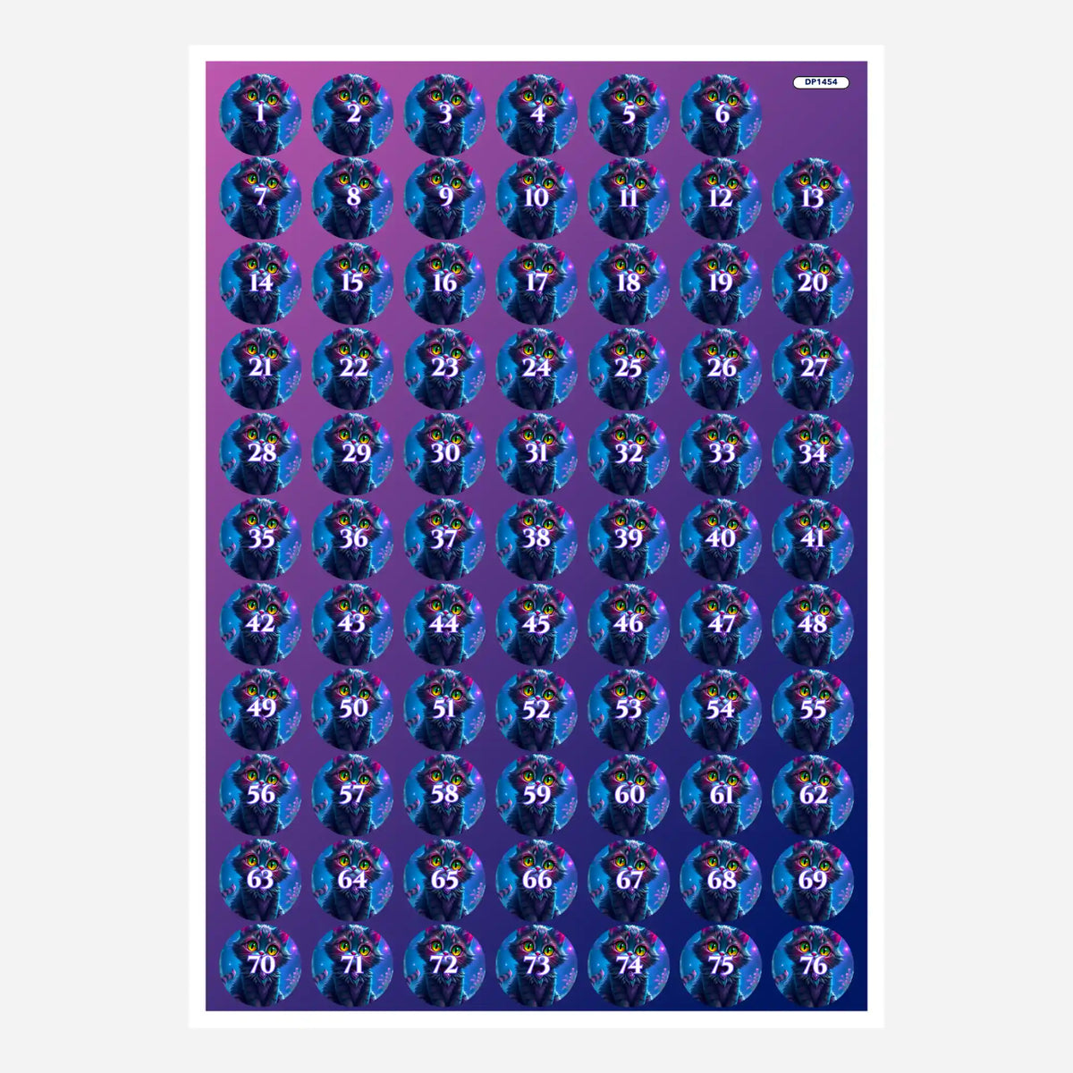 Bunte Aufkleber für Diamond Painting Sortier-Döschen mit Night Cat Motiv und Zahlen von 1 bis 76 zur einfachen Organisation.