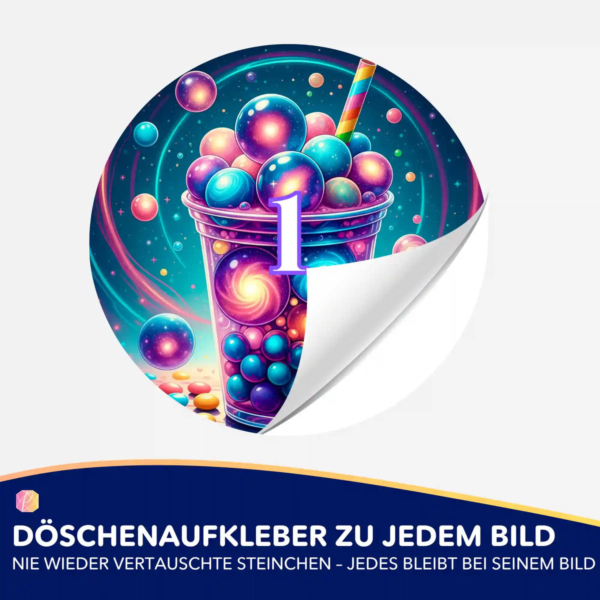 Bunter Bubble Tea Döschenaufkleber mit Nummer 1 für Diamond Painting Zubehör zur optimalen Sortierung von Glitzersteinen.