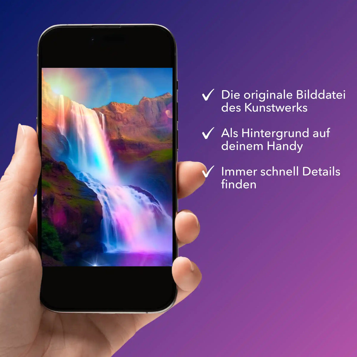 Digitale Bildmappe für Diamond Painting Motiv Wasserfall auf einem Smartphone als Hintergrundbild