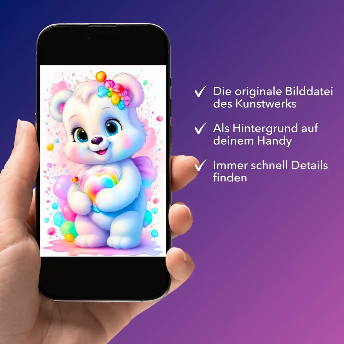 Digitale Bildmappe Herzensbärchen als Diamond Painting oder Malen nach Zahlen Vorlage auf Smartphone präsentiert