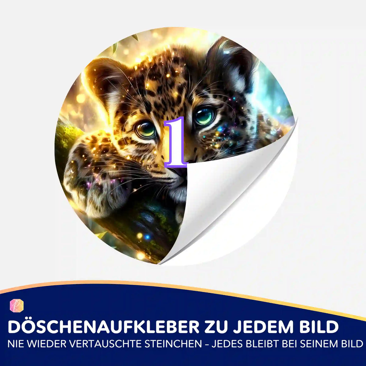 Bunter Döschenaufkleber mit Leoparden-Motiv für die einfache Sortierung von Steinen in deinem Diamond Painting Set.