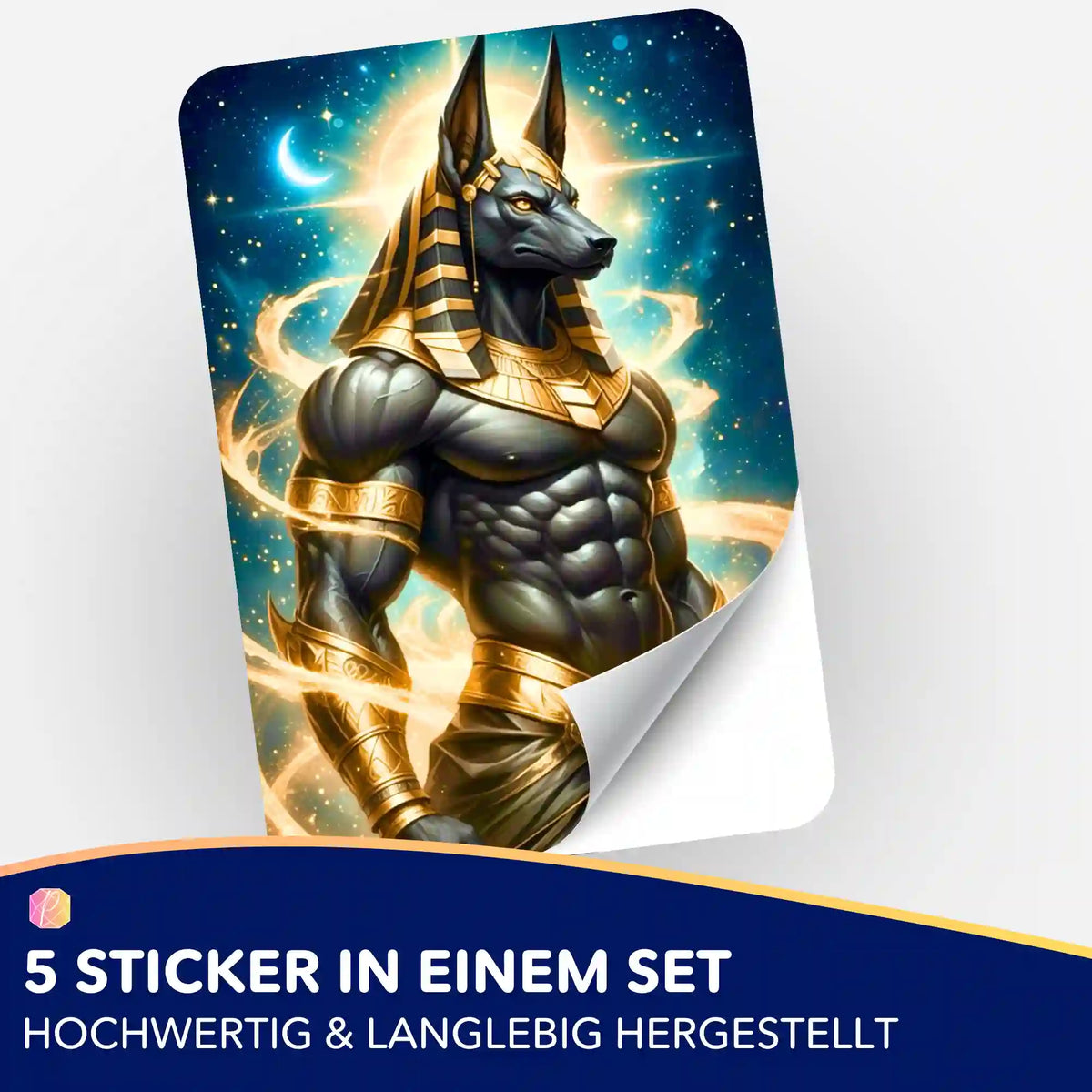 Anubis Sticker 5er-Set für Diamond Painting Fans, ägyptisches Motiv mit goldenen Details für Bastelprojekte.