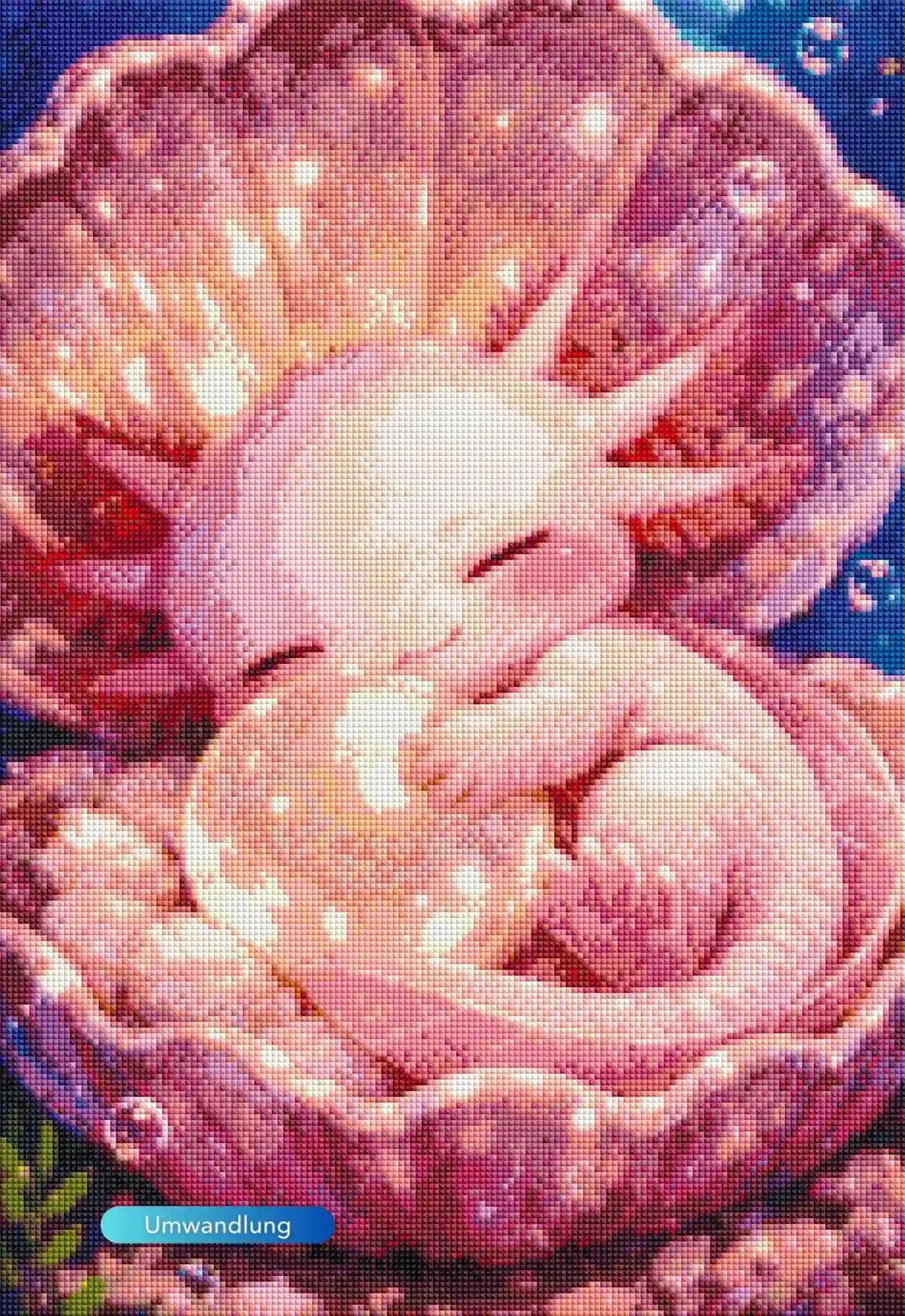 Diamond Painting Set mit schlafendem Axolotl in einer glitzernden Perlmusschel zur Entspannung