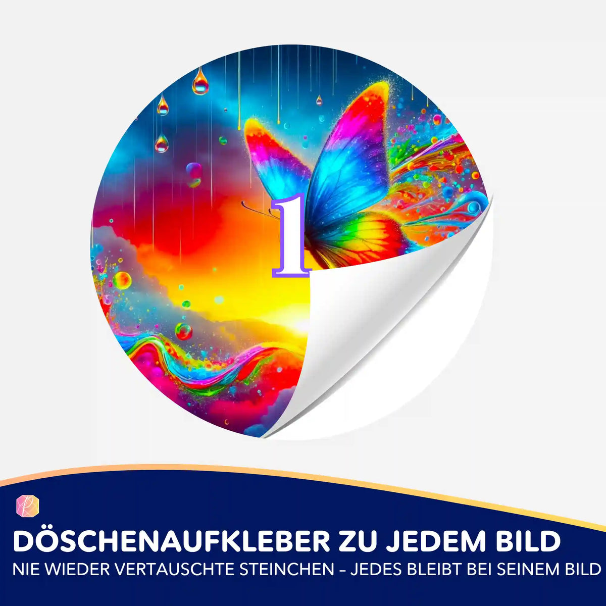 Bunter Diamond Painting Döschenaufkleber mit Schmetterling Motiv im Regenbogen-Design zur Steinchensortierung.