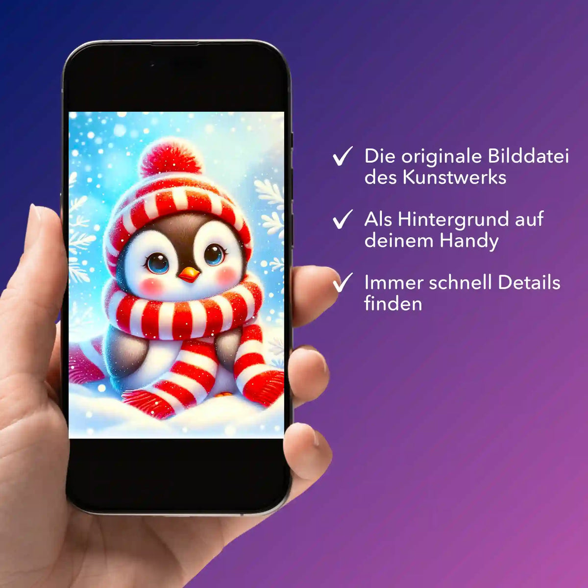 Digitale Bildmappe für Diamond Painting als Pinguin-Motiv auf Smartphone zur Ansicht für dein DIY-Projekt.