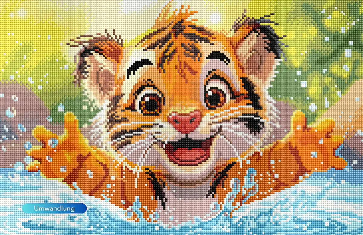 Diamond Painting Set mit niedlichem Babytiger, der fröhlich im Wasser planscht – detailreiches Tier-Motiv als DIY-Kunst