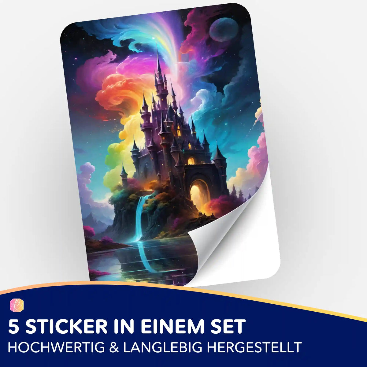 Buntes Zauberschloss Aufkleber 5er-Set von Picmondoo als Zubehör für Diamond Painting und Bastelprojekte.