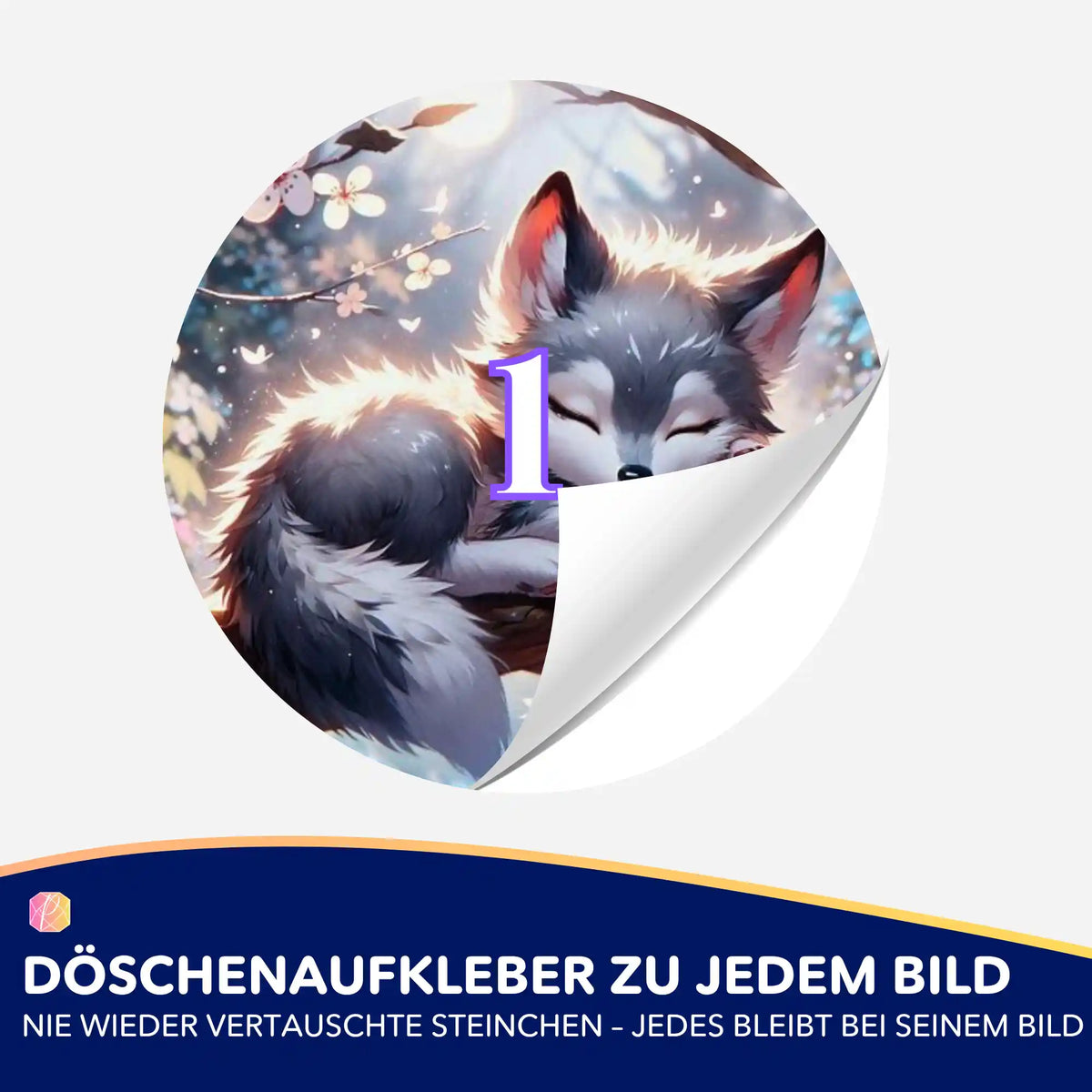 Runder Döschenaufkleber Yukis Frühling mit Wolfsmotiv zur Organisation von Steinchen für dein Diamond Painting