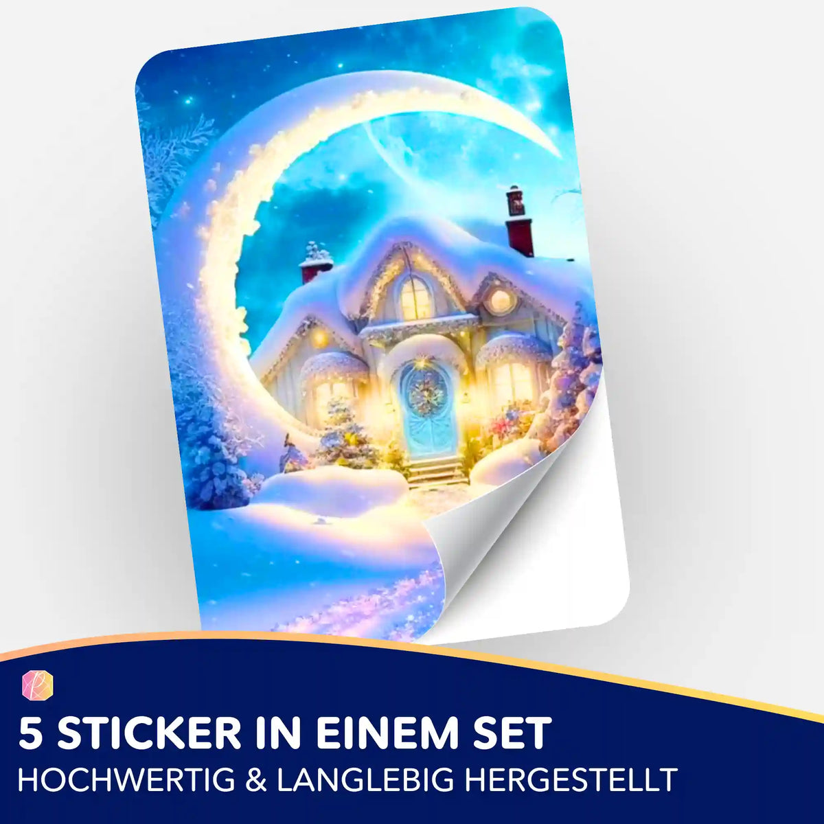 5er-Set Sticker für Diamond Painting mit Moon and Snow Motiv: winterliches Haus unter leuchtendem Mond