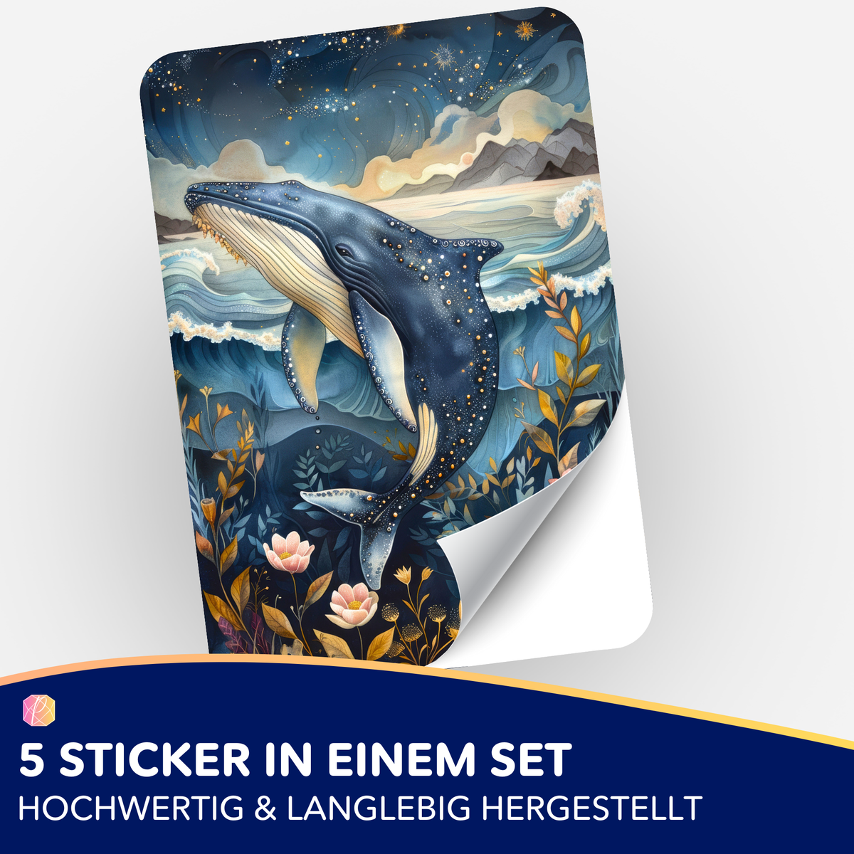 5er-Sticker-Set Meeresträume mit Wal-Motiv für Diamond Painting Organisation und Dekoration