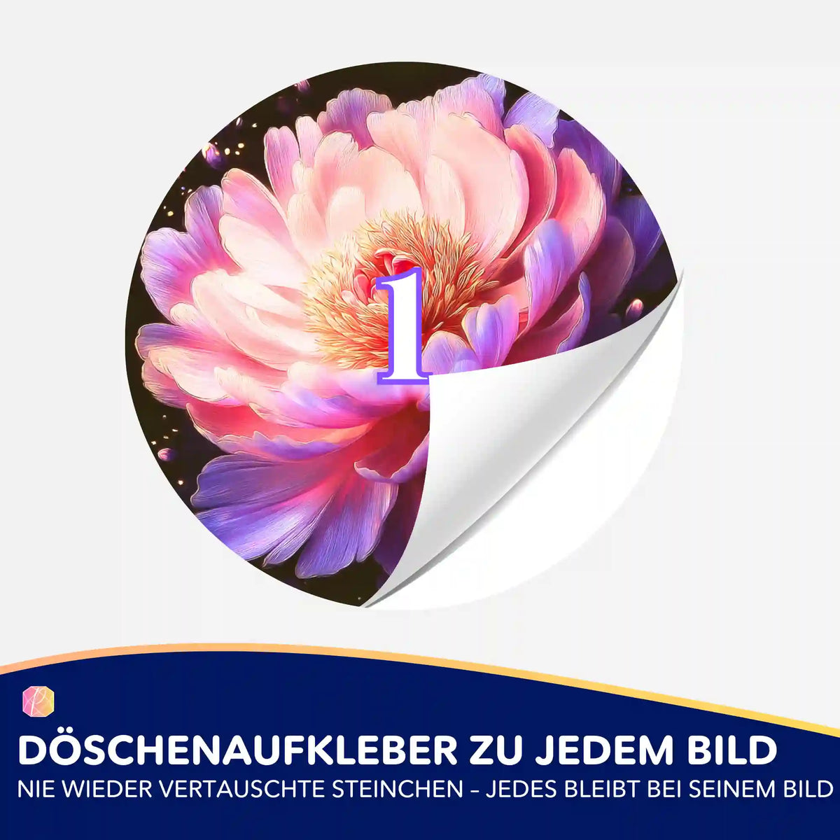 Runder Döschenaufkleber mit Pfingstrosen-Motiv zur Kennzeichnung von Diamond Painting Steinchen und Zubehör