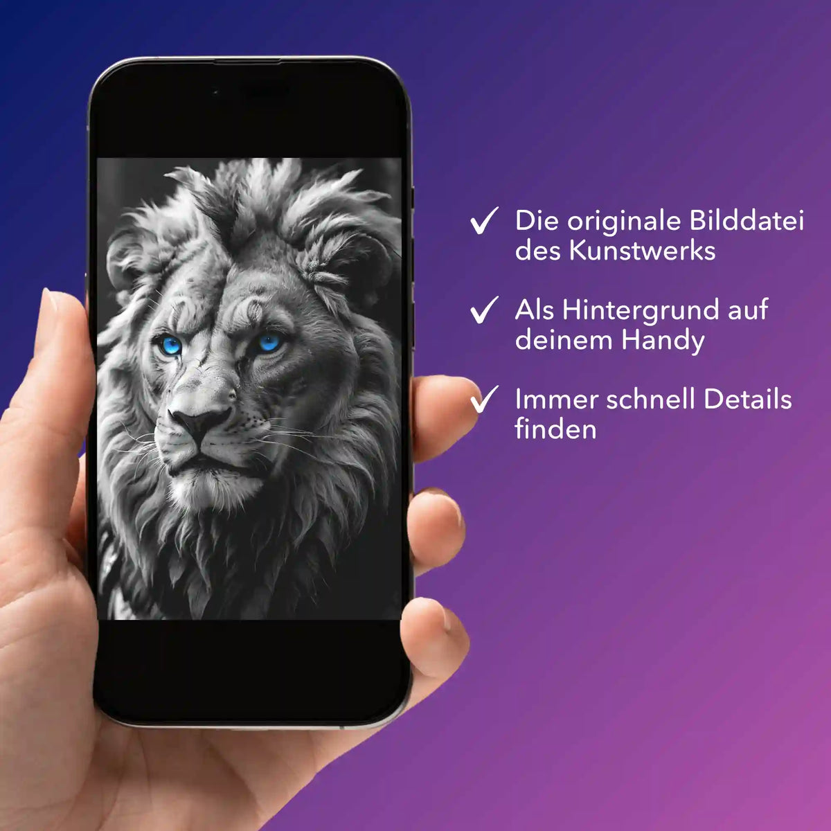 Digitale Bildmappe für Diamond Painting Motiv Leo Löwe mit Smartphone Ansicht zur einfachen Detailansicht