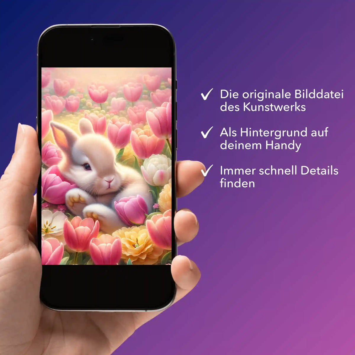 Digitale Bildmappe für Diamond Painting Motiv Verträumtes Osterhäschen mit Blumen als Smartphone Hintergrund auf dem Handy