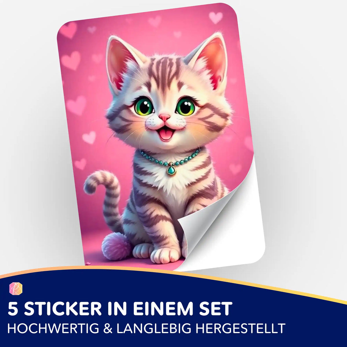 Pippa Katzen-Sticker 5er-Set von Picmondoo für Diamond Painting Zubehör mit süßem Kätzchen auf pinkem Herz-Hintergrund