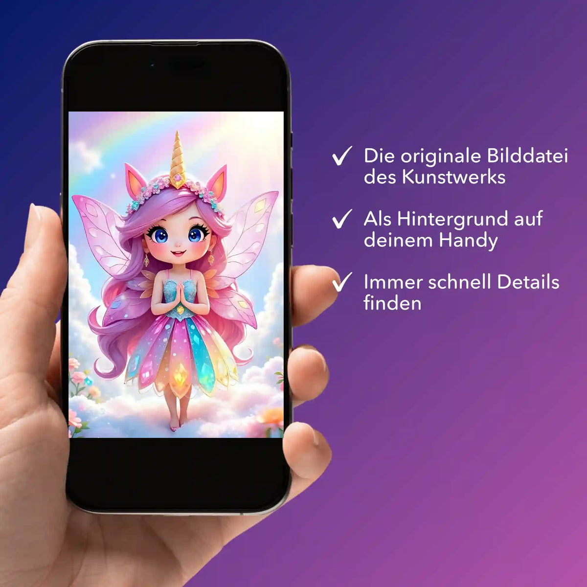 Digitale Bildmappe für Diamond Painting Motiv Fee mit Einhorn-Hörnern auf Smartphone als Hintergrundbild