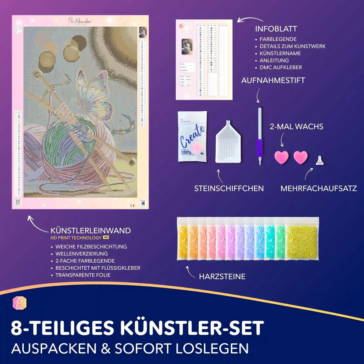 Diamond Painting Set Wollträume mit Motiv aus Wolle, Stricknadeln und Schmetterling inklusive Zubehör und Harzsteinen