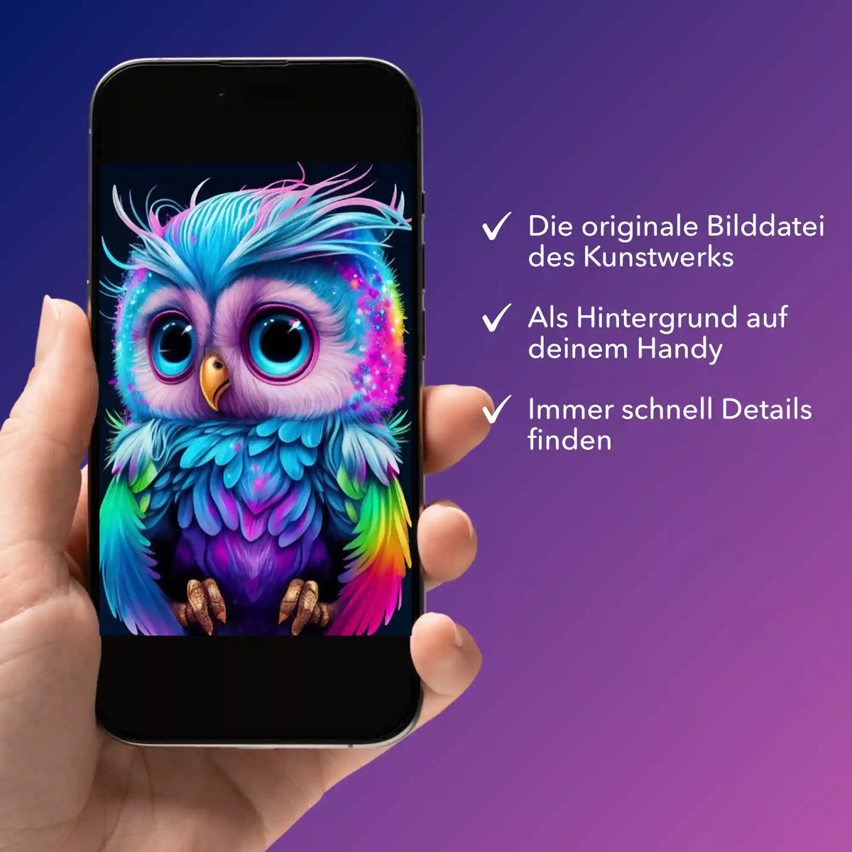 Digitale Bildmappe für Diamond Painting Design: Bunte Eule als Vorlage für Malen nach Zahlen auf Smartphone