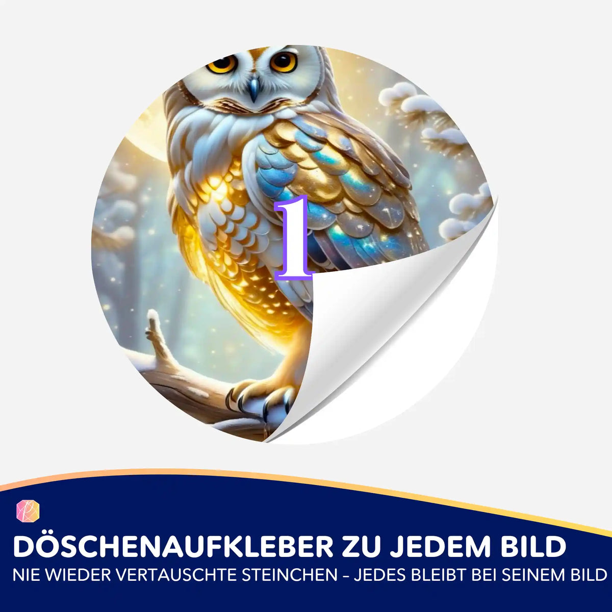 Runder Döschenaufkleber mit goldener Schneeeule für Diamond Painting Zubehör zur einfachen Sortierung der Steine.