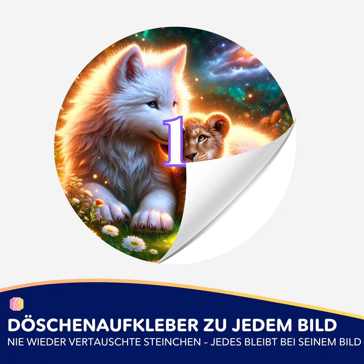 Runde Diamond Painting Döschenaufkleber mit Tiermotiv Fenris & Solaris für eine einfache Sortierung der Diamanten.