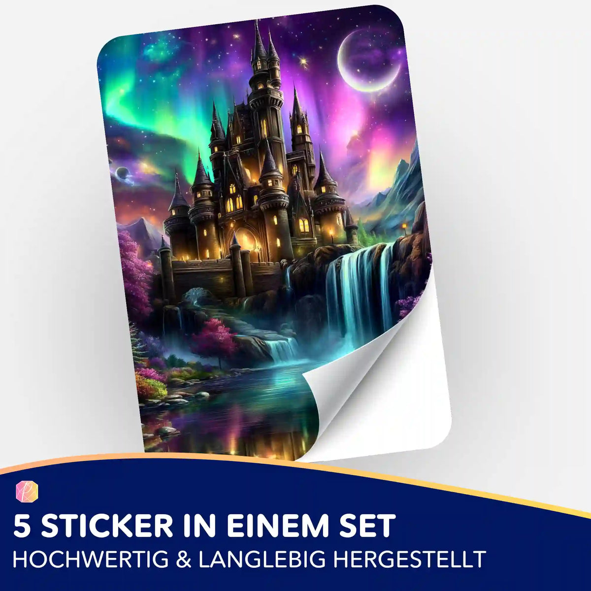 5er-Set Aufkleber für Diamond Painting Zubehör mit Motiv eines beleuchteten Schlosses unter Polarlichtern