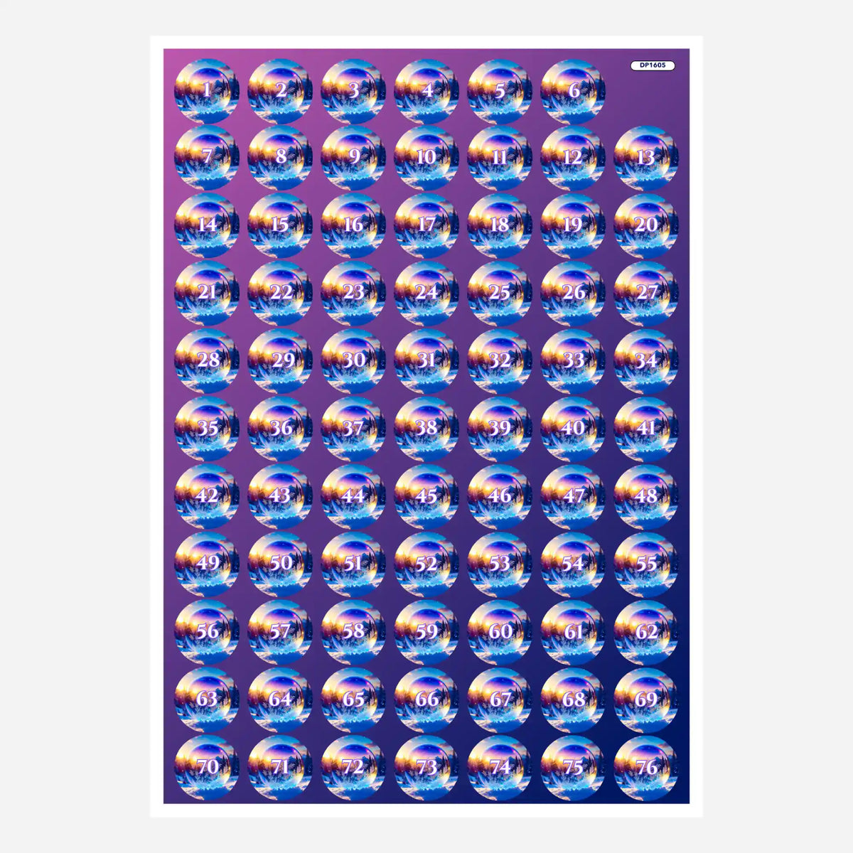 Bunter Döschenaufkleber-Bogen Kristallwelt zur Organisation von Diamond Painting Steinen mit nummerierten Stickern.