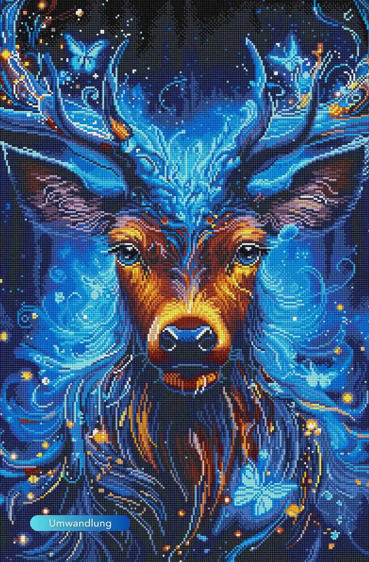 Diamond Painting Wächter des Waldes: Fantasie-Hirsch mit magischem Geweih in leuchtendem Blau und Schmetterlingen.