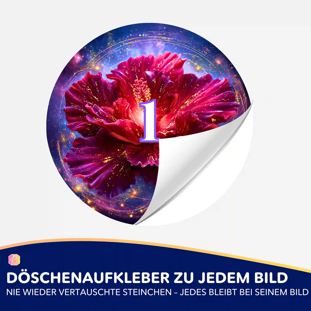 Runder Döschenaufkleber mit Blumenmotiv für Diamond Painting zur organisierten Sortierung der Steinchen.