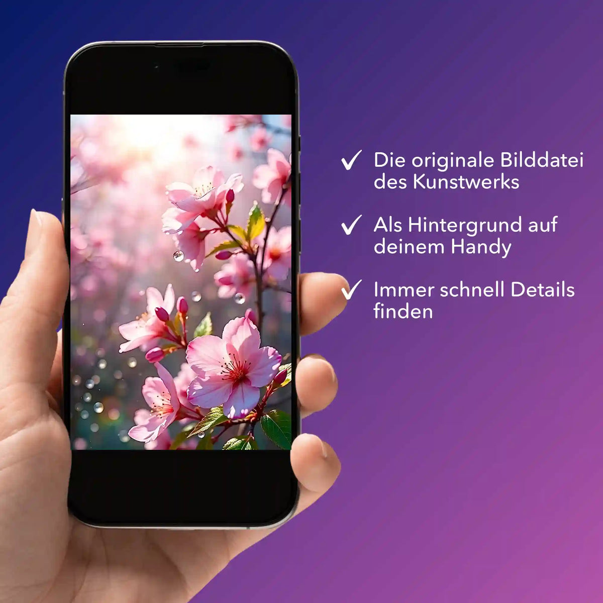 Smartphone mit digitaler Bildmappe für Diamond Painting Motiv Zarte Kirschblüten als Handy-Hintergrund