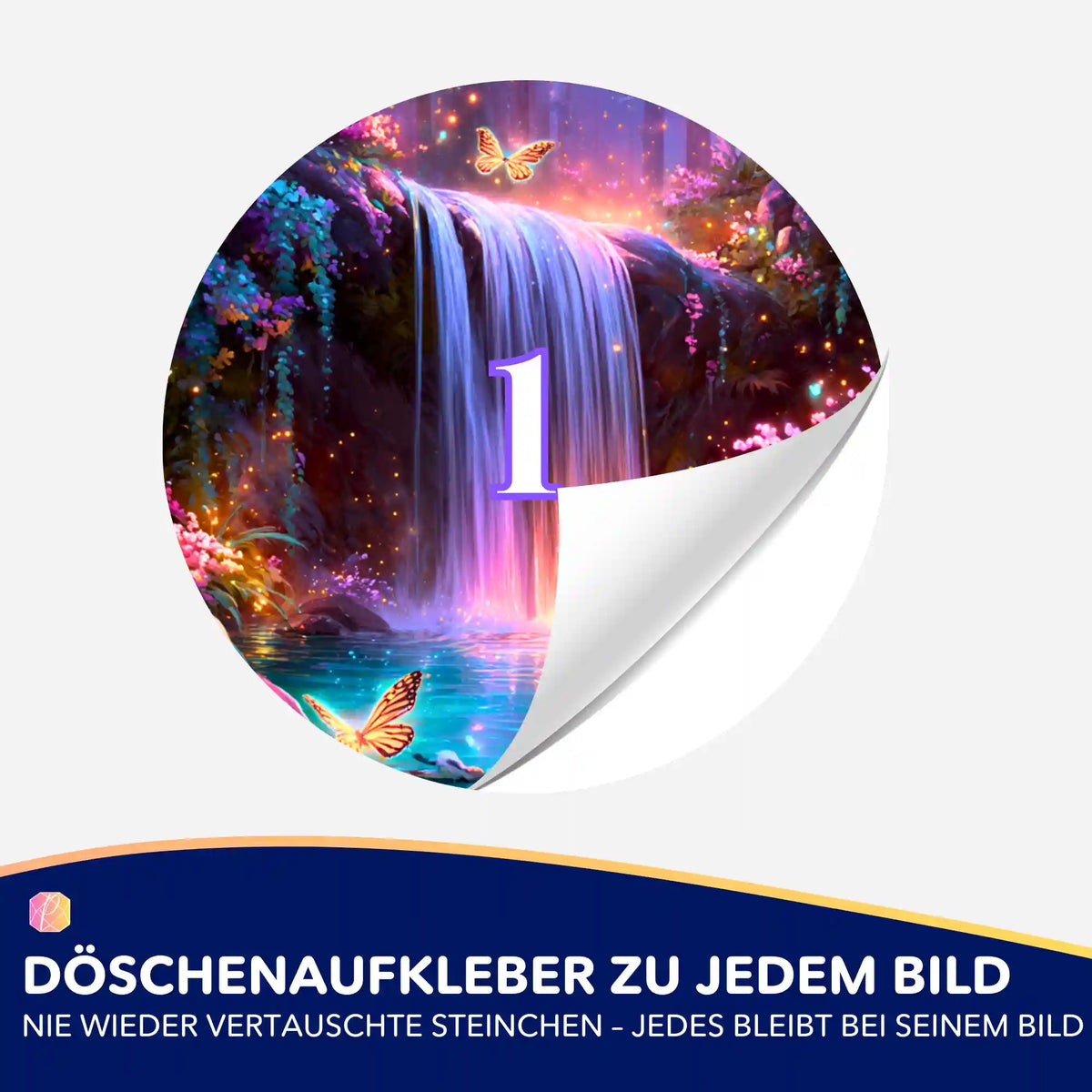 Döschenaufkleber für Diamond Painting mit Fantasy-Wasserfall-Motiv zur geordneten Aufbewahrung von Steinchen.