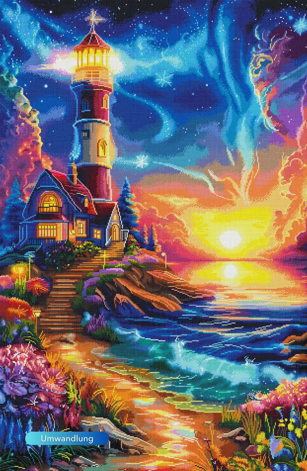 XXL Diamond Painting Wächter des Horizonts mit leuchtendem Leuchtturm, bunten Blumen und magischem Sonnenuntergang am Meer