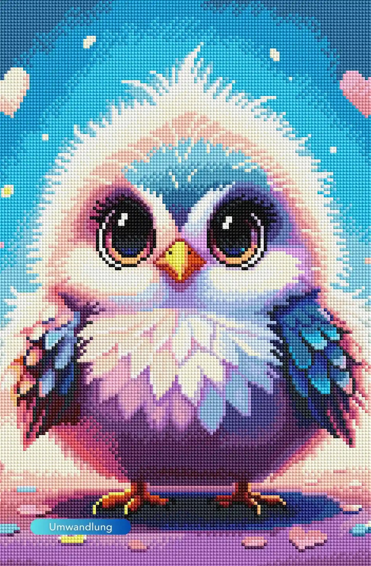 Diamond Painting Set mit niedlichem Vogelküken, pastellfarbenen Federn und Herzmotiven im glitzernden Cartoon-Stil