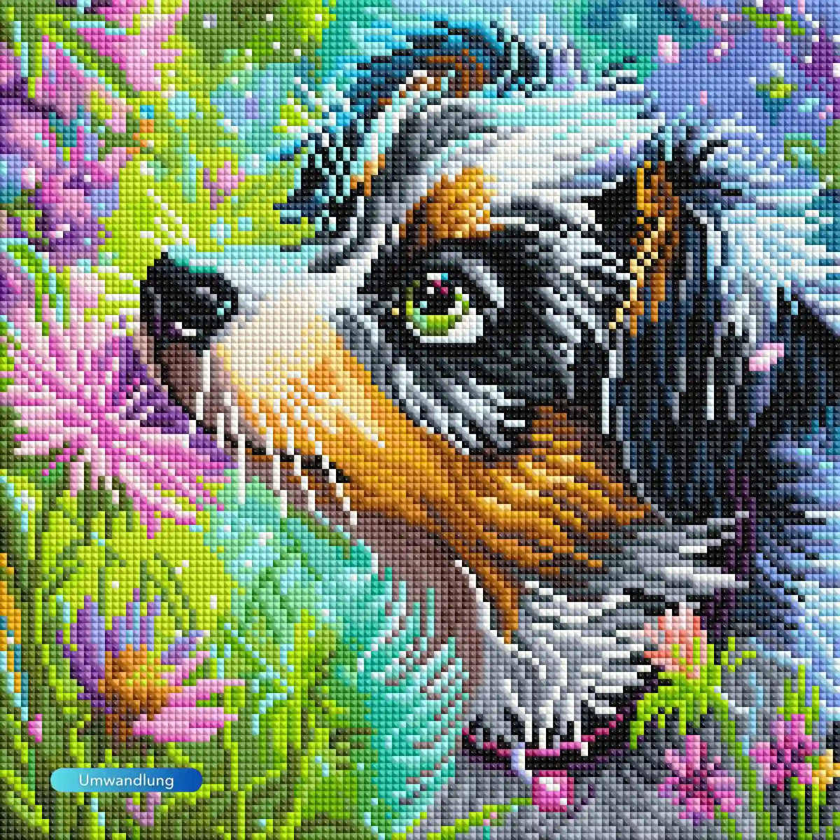 Diamond Painting Set Yaro: Hundeportrait mit grünen Augen umgeben von bunten Blumen und wilder Wiese im Frühling