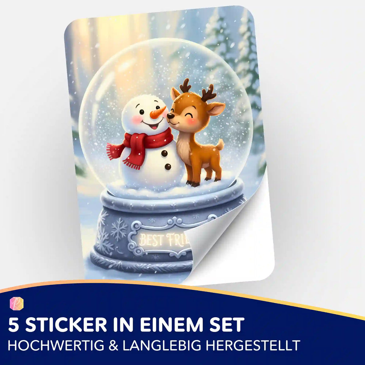 5er-Set Aufkleber Best Friends für Diamond Painting Zubehör mit Motiv Schneemann und Rentier in Schneekugel