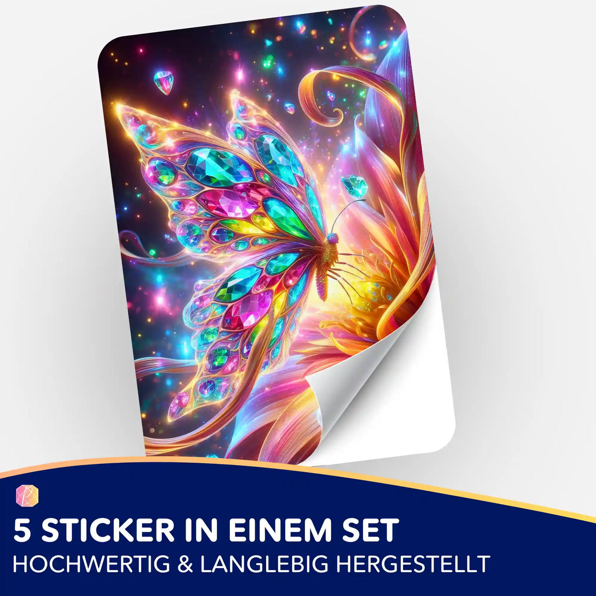 Buntes Schmetterling-Motiv im Diamond Painting Stil als hochwertiger Aufkleber für Diamond Painting Fans.