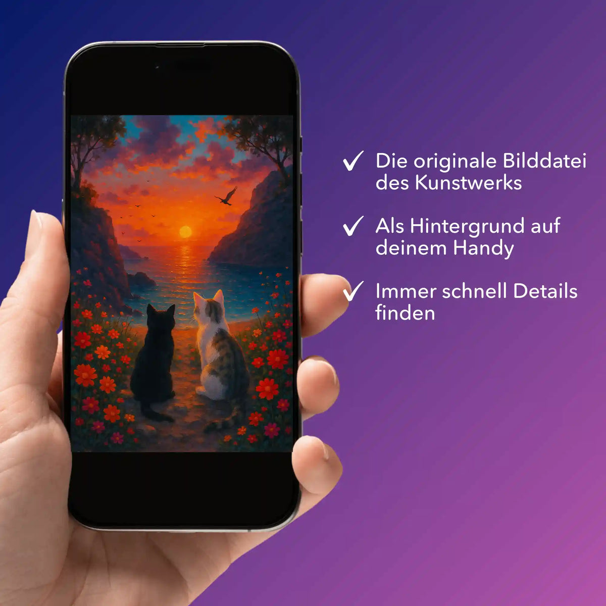 Digitale Bildmappe für Diamond Painting Motiv zwei Katzen am Strand als PDF für Handy-Hintergrund