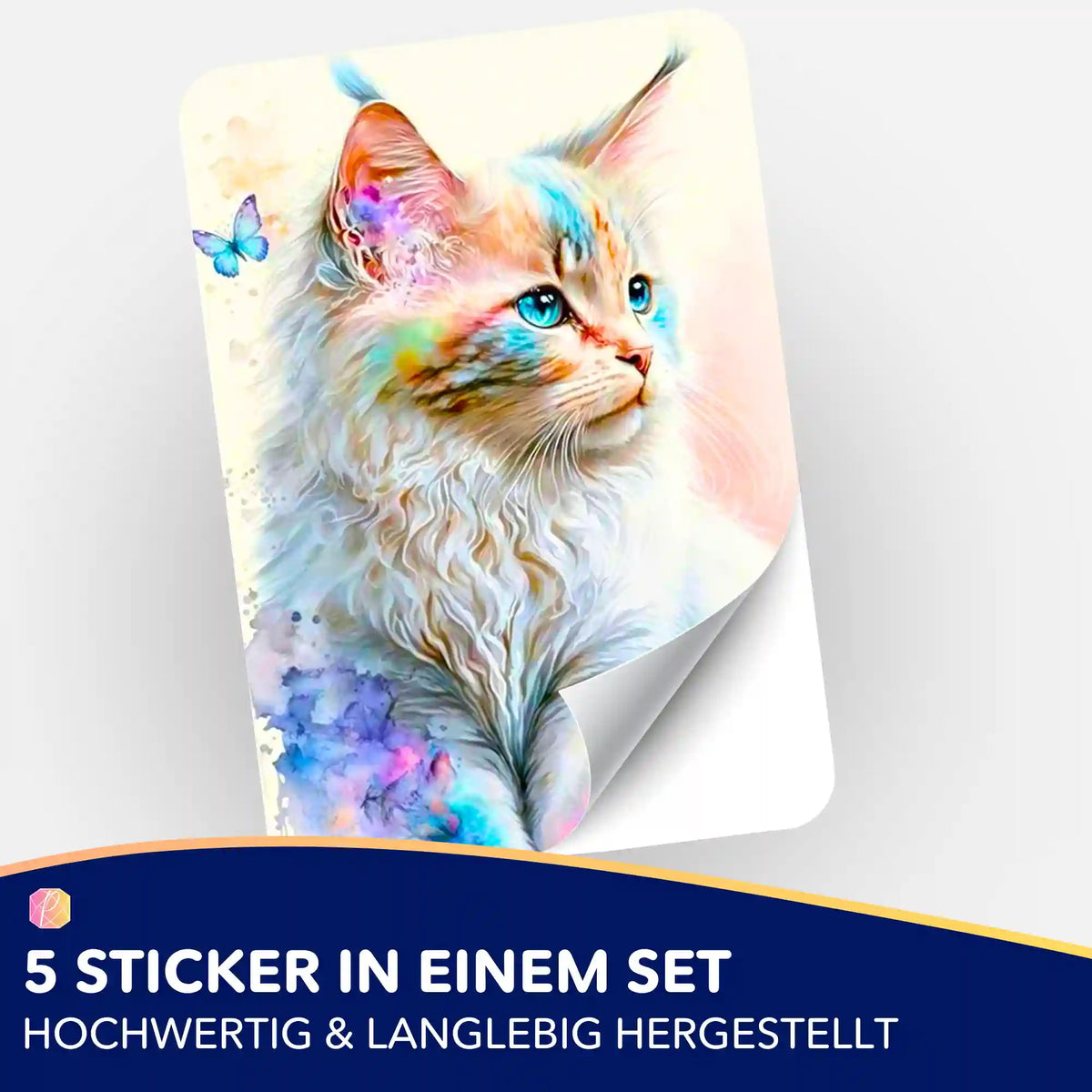 5er-Set Sticker Zartes Kätzchen für Diamond Painting Organisation, aquarellfarbenes Katzenmotiv mit Schmetterling